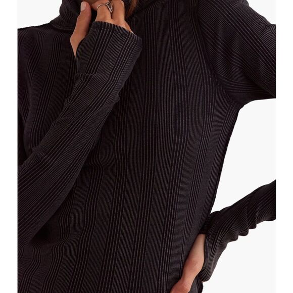 free people XS Black Brynn Turtleneck Scrunched Ribbed Thermal Cotton Top - Picture 8 of 16